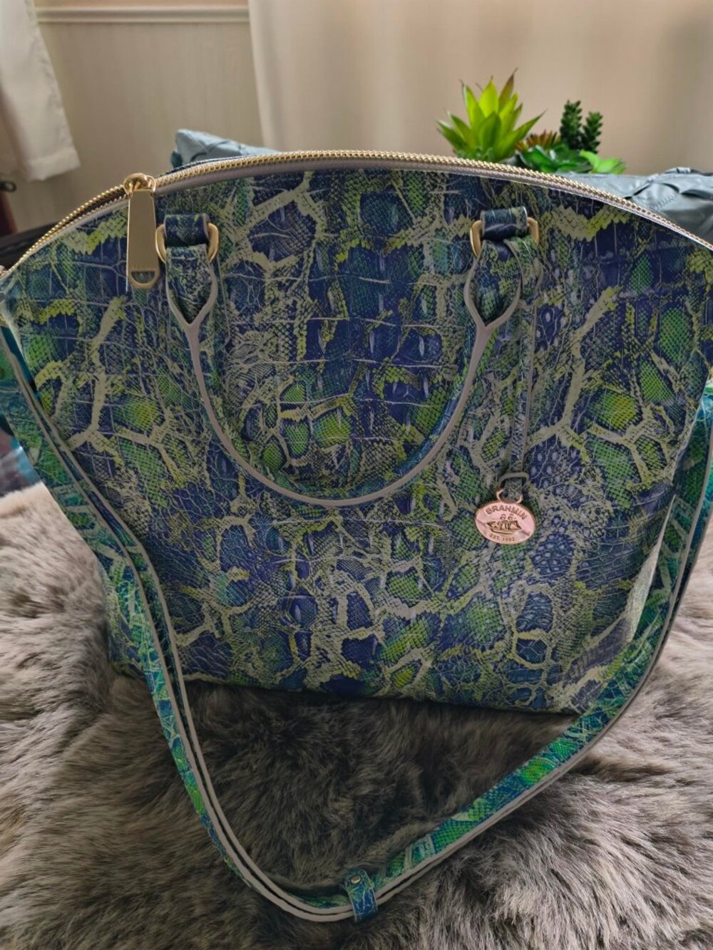 BRAHMIN LG. DUXBURY SATCHEL - Green Viper Print - Picture 2 of 5